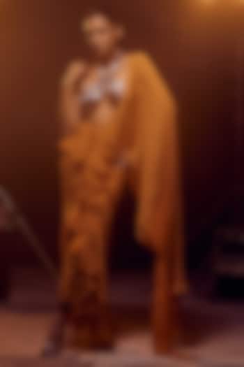 Burnt Orange Pure Chiffon & Net Ruffled Saree Set by Kavita Arora