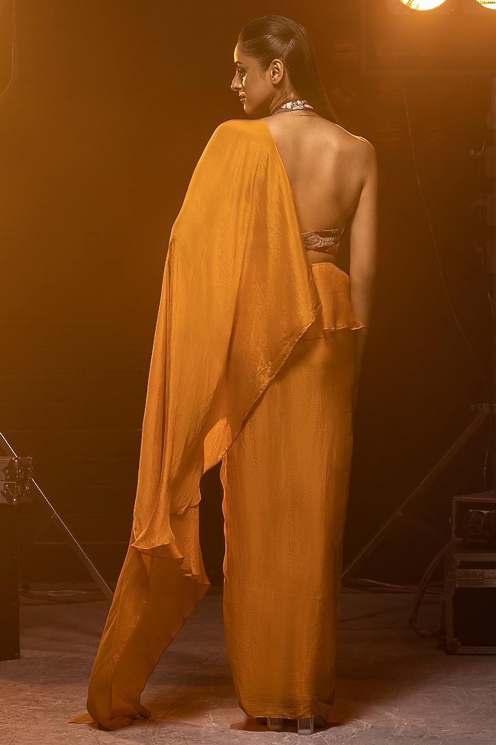 Burnt Orange Pure Chiffon & Net Ruffled Wedding Saree Set by Kavita Arora at Pernia's Pop Up Shop