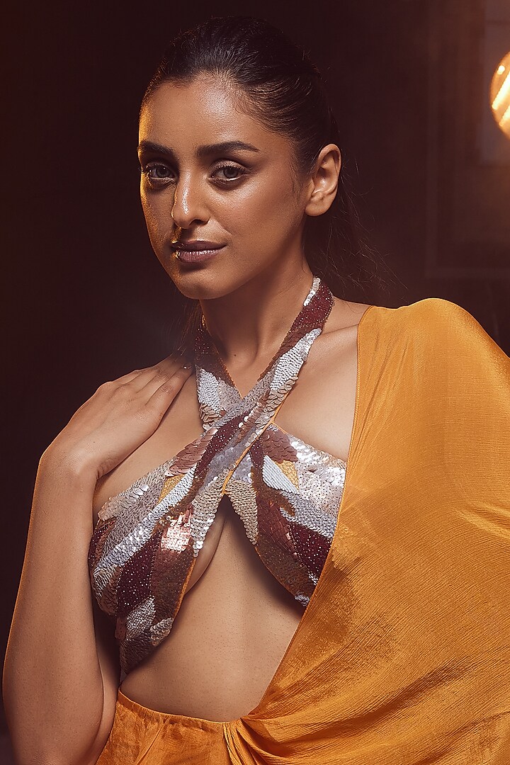 Burnt Orange Pure Chiffon & Net Ruffled Wedding Saree Set by Kavita Arora at Pernia's Pop Up Shop