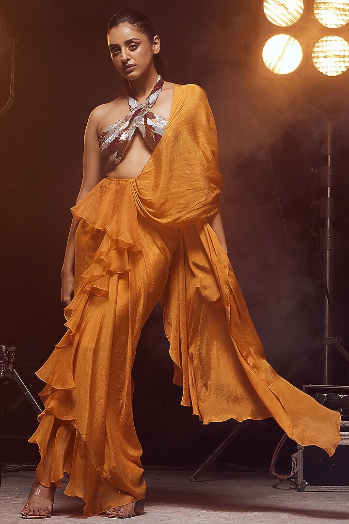 Burnt Orange Pure Chiffon & Net Ruffled Wedding Saree Set by Kavita Arora at Pernia's Pop Up Shop