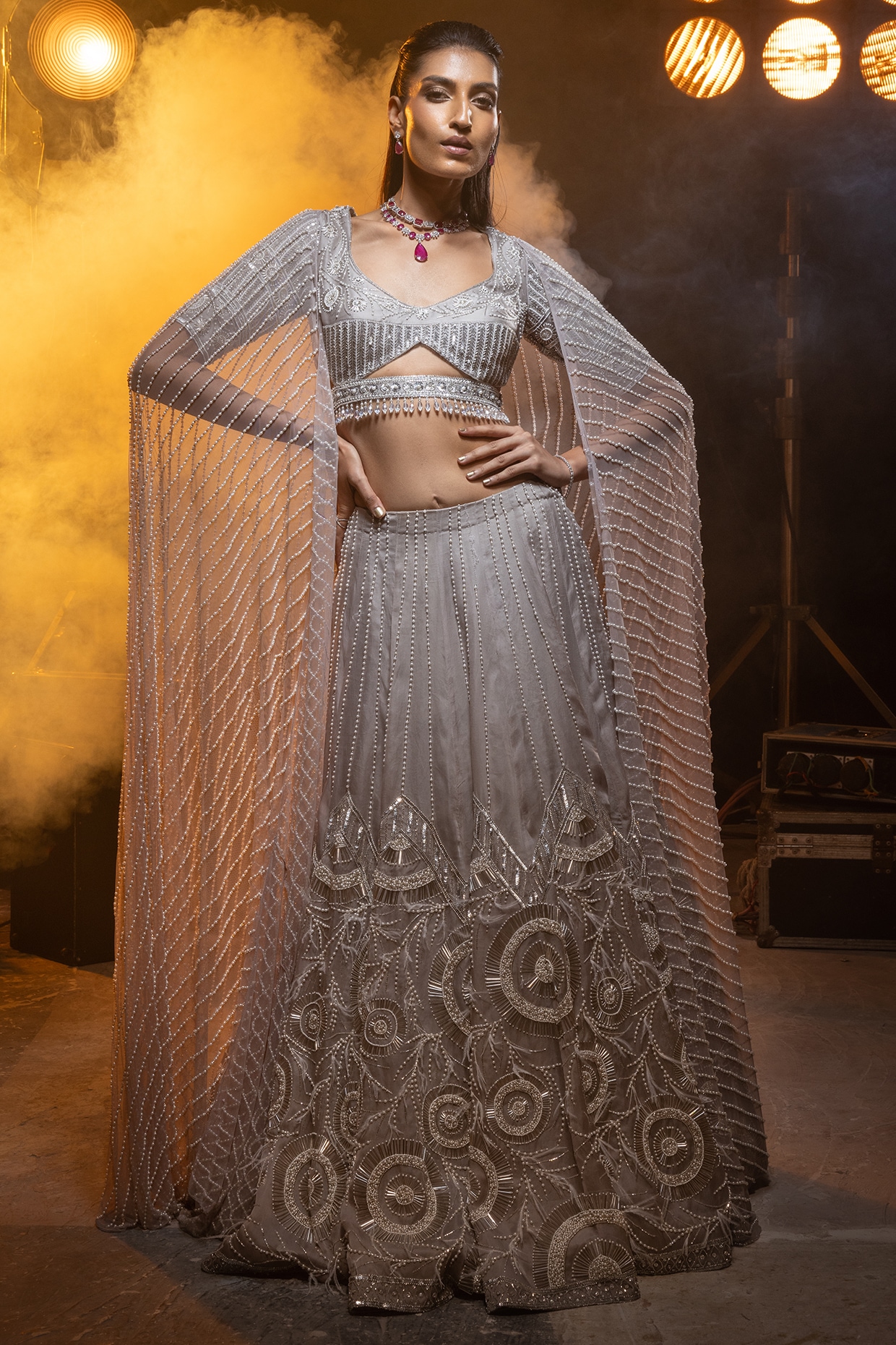 Indian Bridal Lehenga Choli: Off-White Lengha w/ Dabka – B Anu Designs