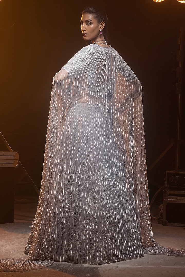 Silver-Grey Pure Silk Organza & Net Hand Embroidered Bridal Lehenga Set by Kavita Arora at Pernia's Pop Up Shop