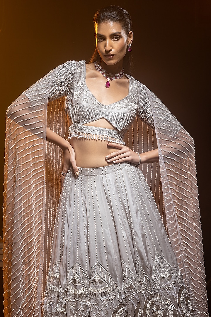Silver-Grey Pure Silk Organza & Net Hand Embroidered Bridal Lehenga Set by Kavita Arora at Pernia's Pop Up Shop