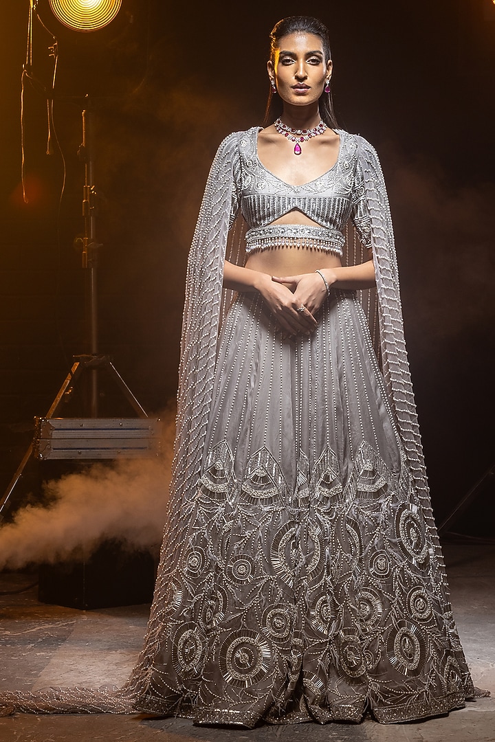 Silver-Grey Pure Silk Organza & Net Hand Embroidered Bridal Lehenga Set by Kavita Arora at Pernia's Pop Up Shop