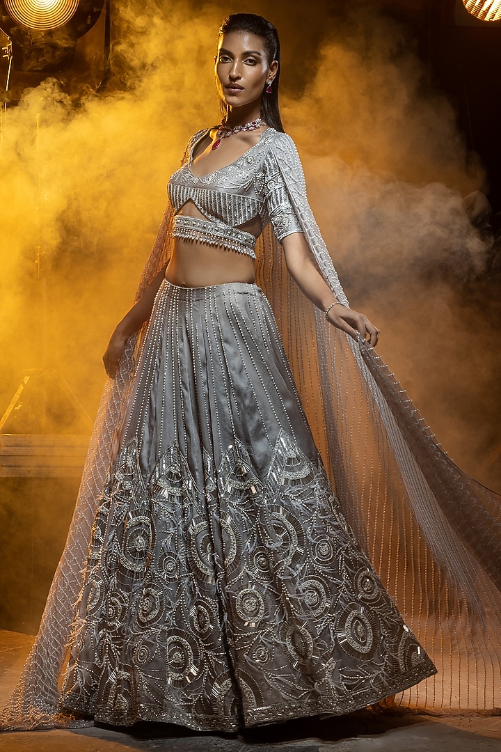 Silver-Grey Pure Silk Organza & Net Hand Embroidered Bridal Lehenga Set by Kavita Arora at Pernia's Pop Up Shop