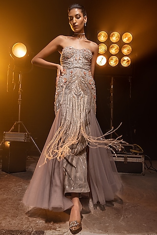 Steel Grey Satin & Net Hand Embroidered Gown by Kavita Arora