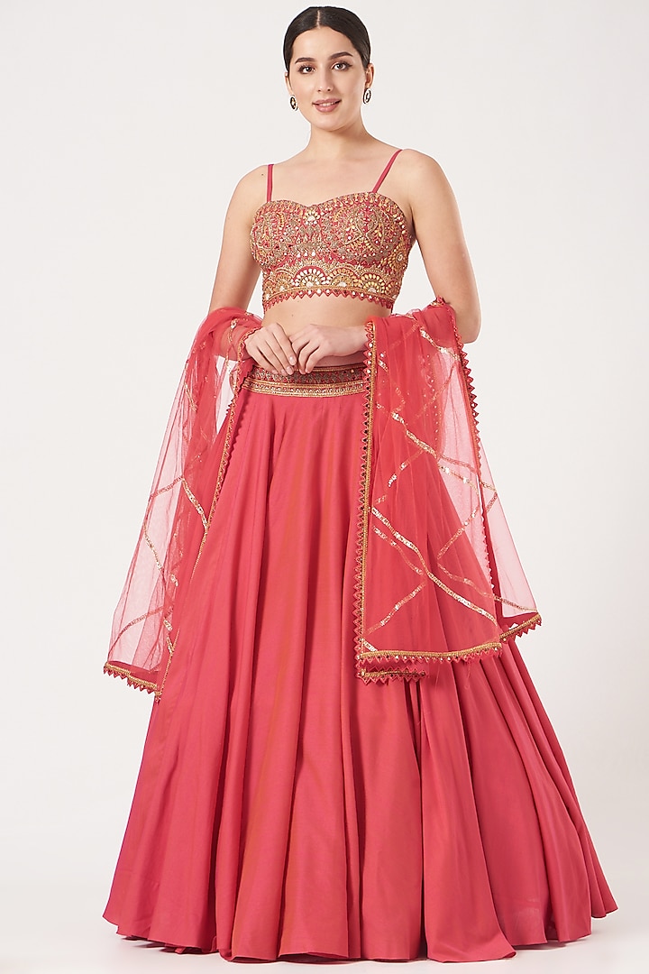 Coral Pink Dupion Silk Lehenga Set by Kaaisha by Shalini