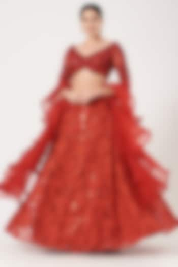 Crimson Red Hand Embroidered Wedding Lehenga Set by Kaaisha by Shalini at Pernia's Pop Up Shop