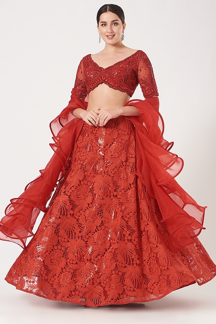 Crimson Red Hand Embroidered Wedding Lehenga Set by Kaaisha by Shalini at Pernia's Pop Up Shop