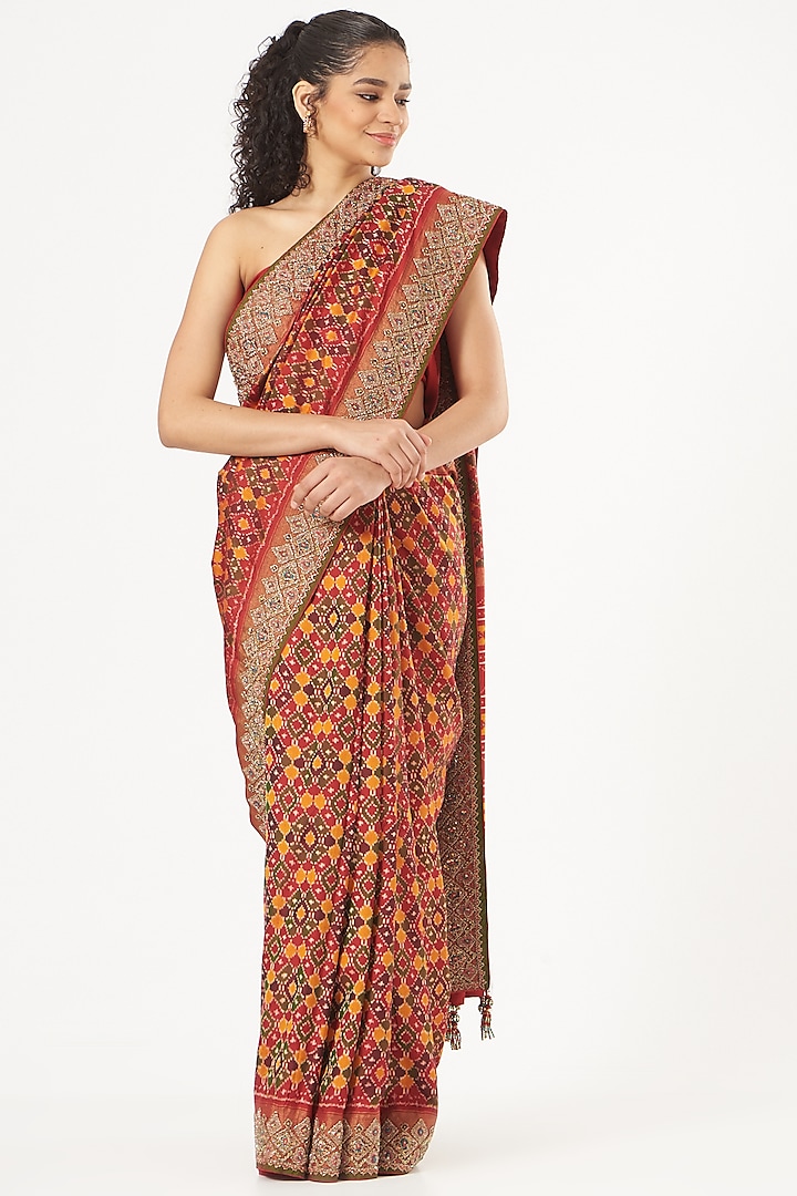 Maroon Patola Silk Embroidered Saree Set by Kaaisha by Shalini