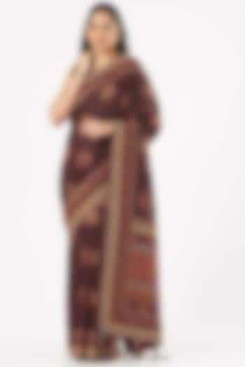 Mahogany Burgundy Hand Embroidered Saree Set by Kaaisha by Shalini at Pernia's Pop Up Shop