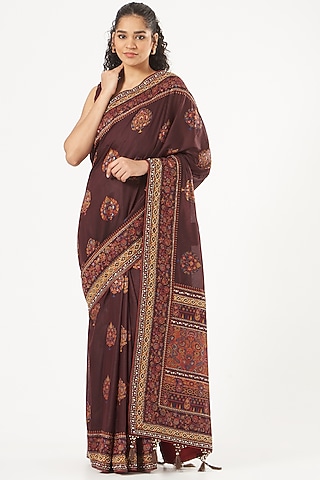 Mahogany Burgundy Hand Embroidered Saree Set by Kaaisha by Shalini