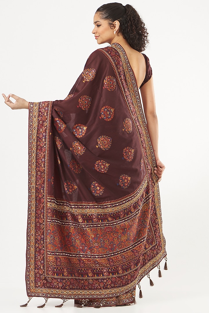Mahogany Burgundy Hand Embroidered Wedding Saree Set by Kaaisha by Shalini at Pernia's Pop Up Shop