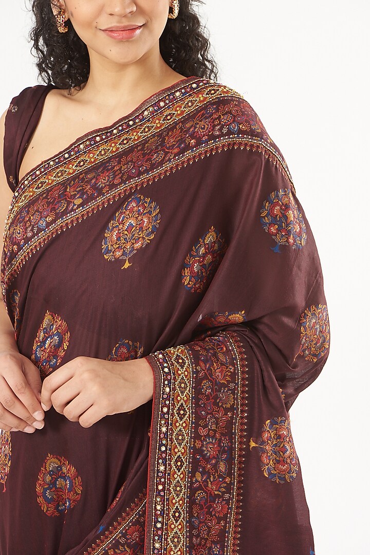 Mahogany Burgundy Hand Embroidered Wedding Saree Set by Kaaisha by Shalini at Pernia's Pop Up Shop