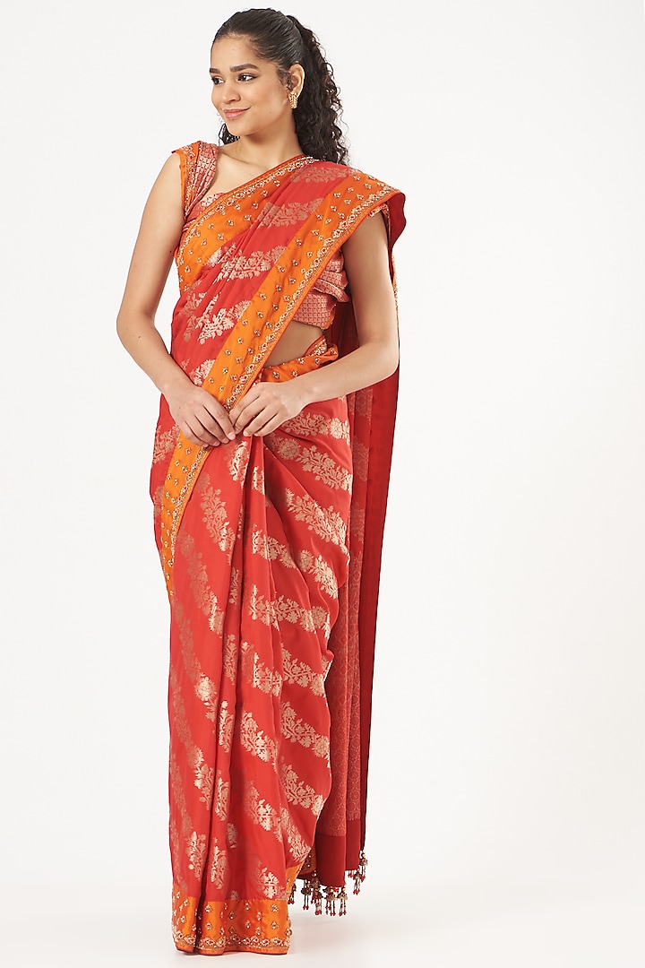 Red Hand Embroidered Saree Set by Kaaisha by Shalini at Pernia's Pop Up Shop