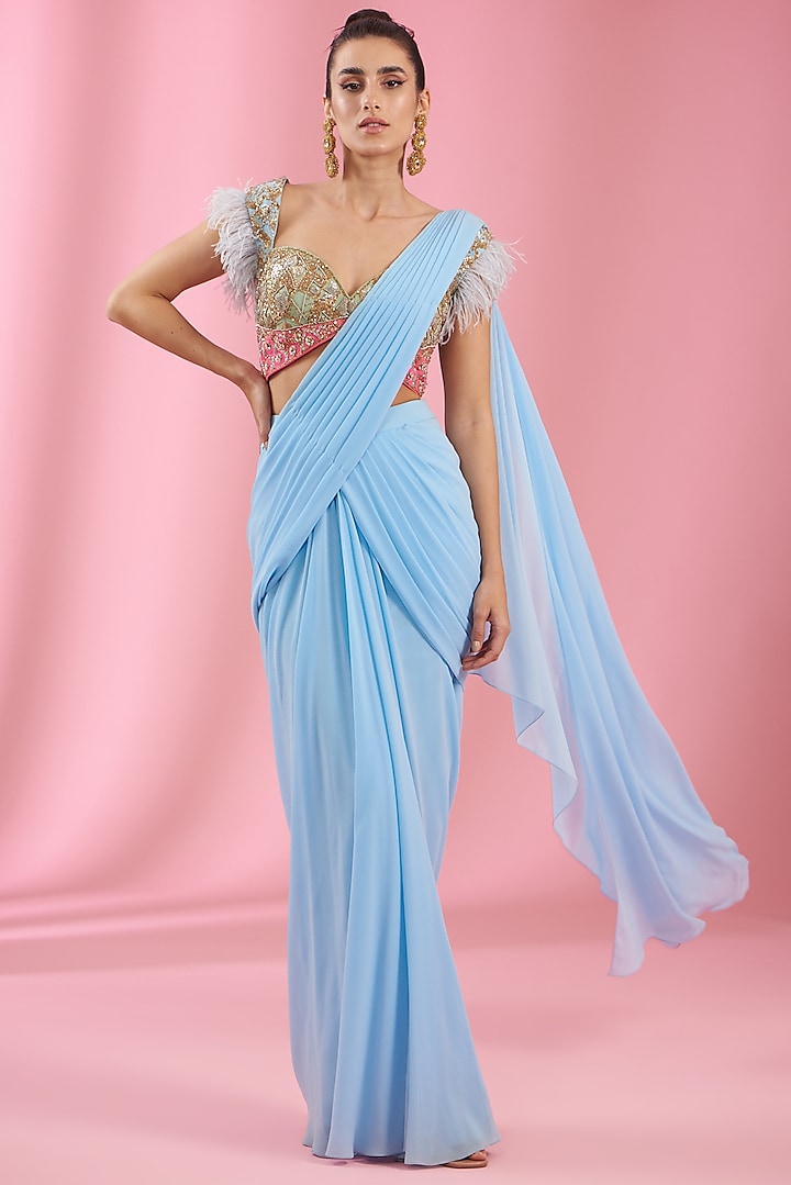 Ice Blue Georgette Draped Saree Set by Kaaisha by Shalini at Pernia's Pop Up Shop