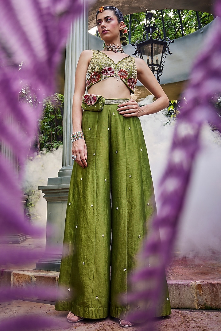 Green Chanderi Flared Pant Set by Show Shaa