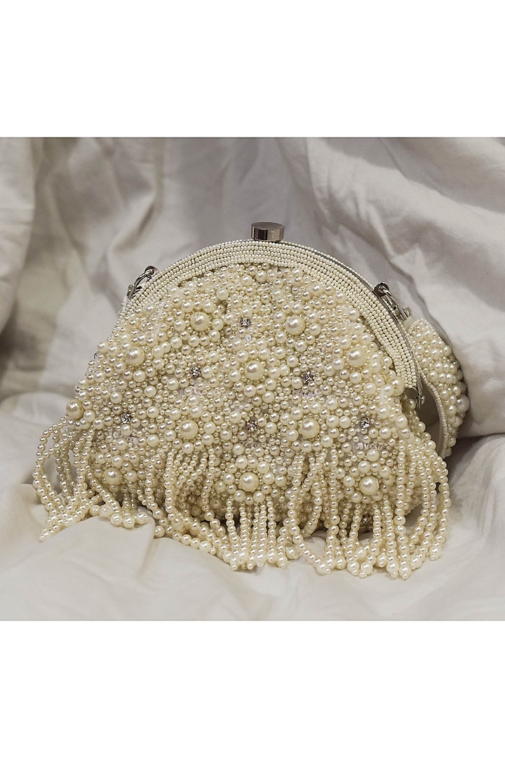 White Sequins Hand Embroidered Clutch by EENA