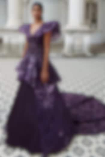 Russian Violet Hand Embroidered Peplum Gown by Kamaali Couture at Pernia's Pop Up Shop