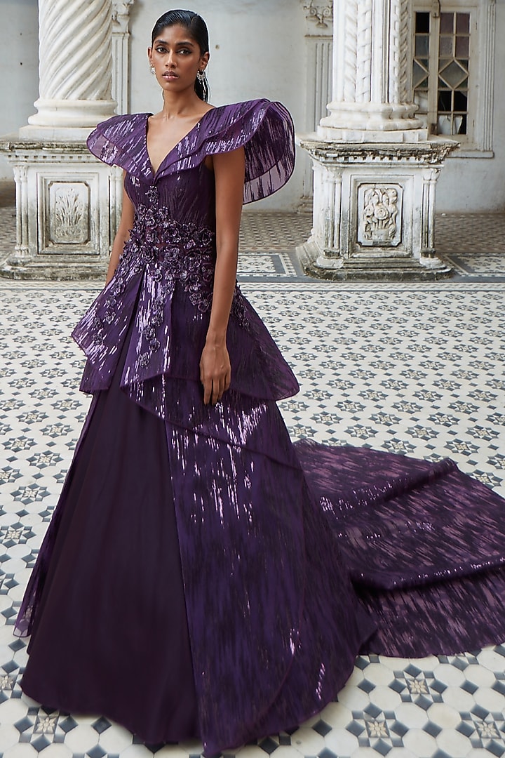 Russian Violet Hand Embroidered Peplum Gown by Kamaali Couture at Pernia's Pop Up Shop