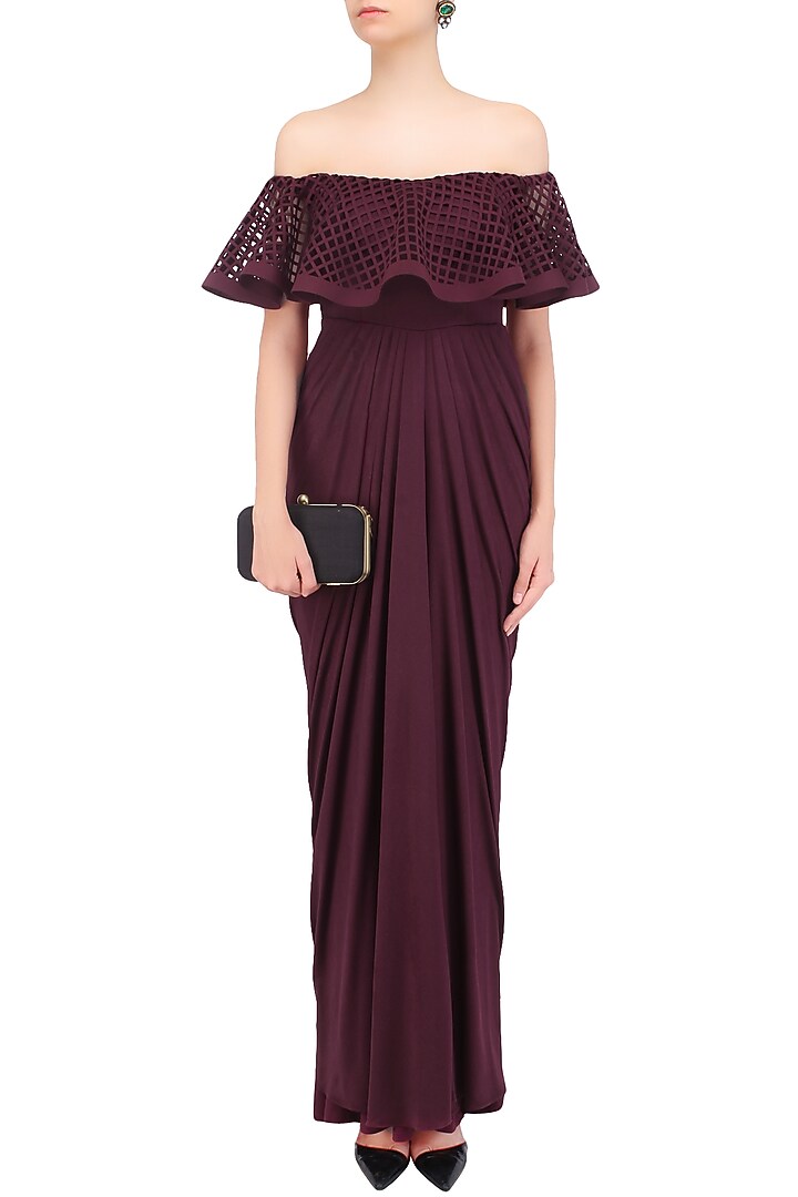 Maroon ruffled laser cutwork drape saree available only at Pernia's Pop Up Shop.