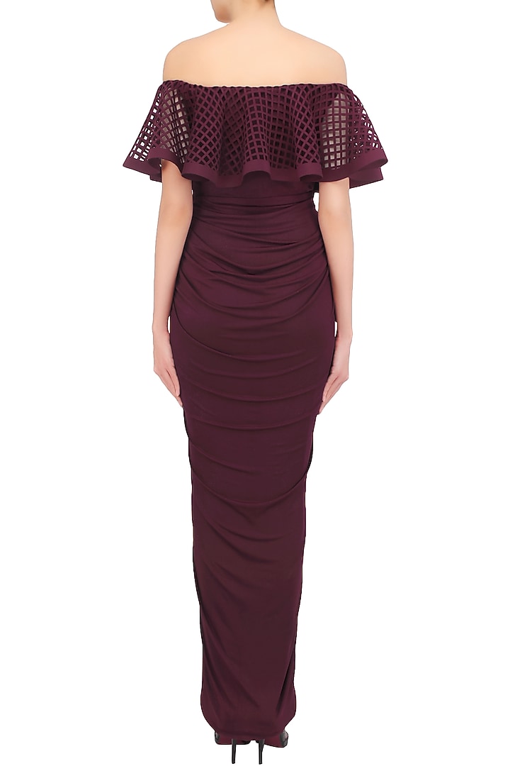 Maroon ruffled laser cutwork drape saree available only at Pernia's Pop Up Shop.