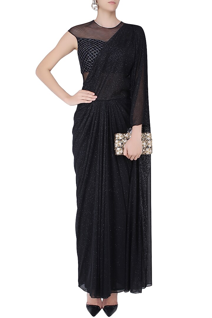 Black shimmer and cutdana embroidered drape saree available only at Pernia's Pop Up Shop.