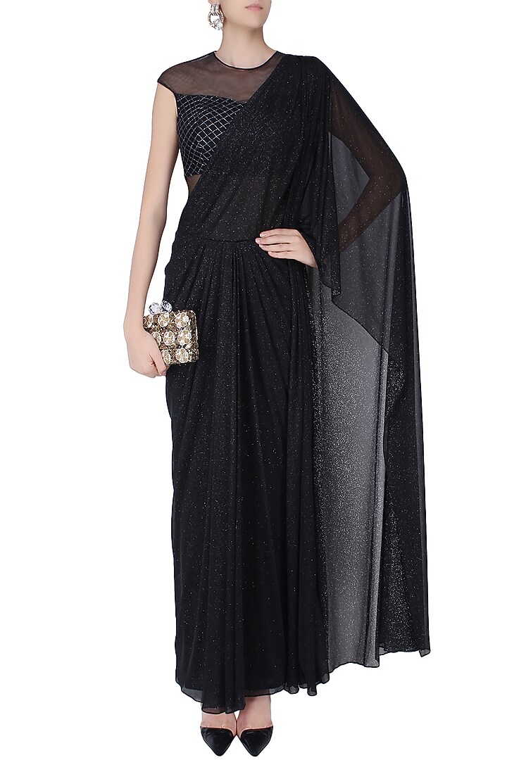 Black shimmer and cutdana embroidered drape saree available only at Pernia's Pop Up Shop.