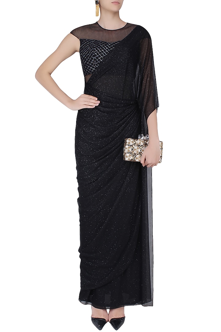 Black shimmer and cutdana embroidered pleated drape saree available only at Pernia's Pop Up Shop.