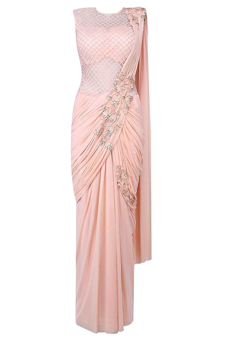 Pink 3D Floral Motifs and Cutdana Embellished Drape Saree by Kamaali Couture