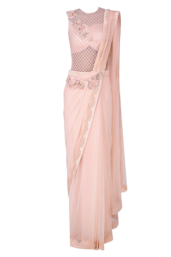 Pink 3D Floral Motifs and Alser Cutwork Drape Saree by Kamaali Couture