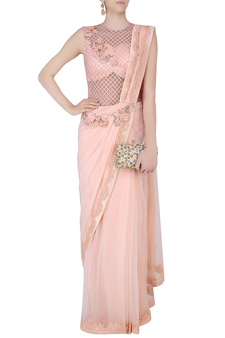 Pink 3D floral motifs and alser cutwork drape saree available only at Pernia's Pop Up Shop.