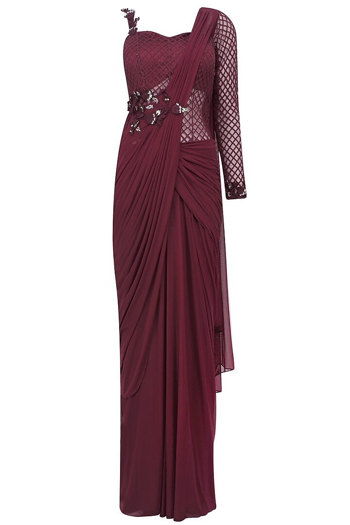 Maroon one sleeves floral embroidered drape saree available only at Pernia's Pop Up Shop.
