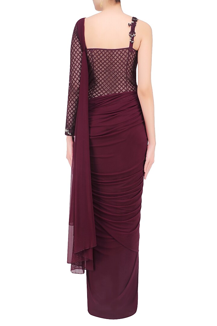 Maroon one sleeves floral embroidered drape saree available only at Pernia's Pop Up Shop.