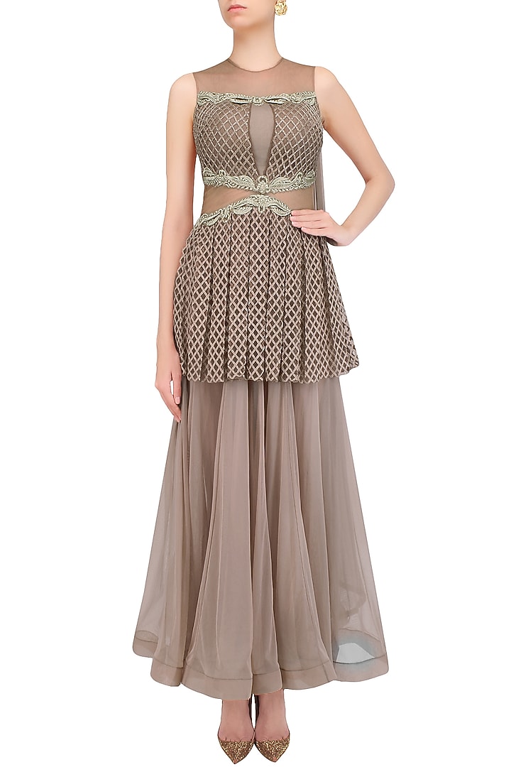 Nude floral embroidered checkered peplum anarkali available only at Pernia's Pop Up Shop.