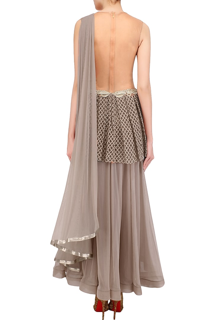 Nude floral embroidered checkered peplum anarkali available only at Pernia's Pop Up Shop.