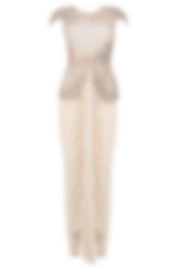 Cream Floral Embroidered Power Shoulder Peplum Jumpsuit by Kamaali Couture