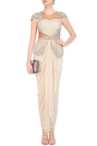 Cream Floral Embroidered Power Shoulder Peplum Jumpsuit by Kamaali Couture