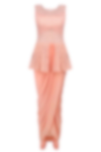 Peach cutdana embroidered peplum jumpsuit available only at Pernia's Pop Up Shop.