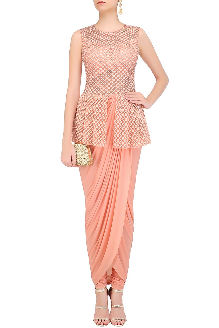 Peach cutdana embroidered peplum jumpsuit available only at Pernia's Pop Up Shop.