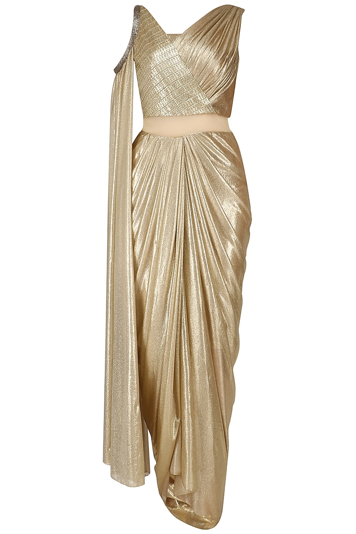Gold Shimmer Drape Saree by Kamaali Couture