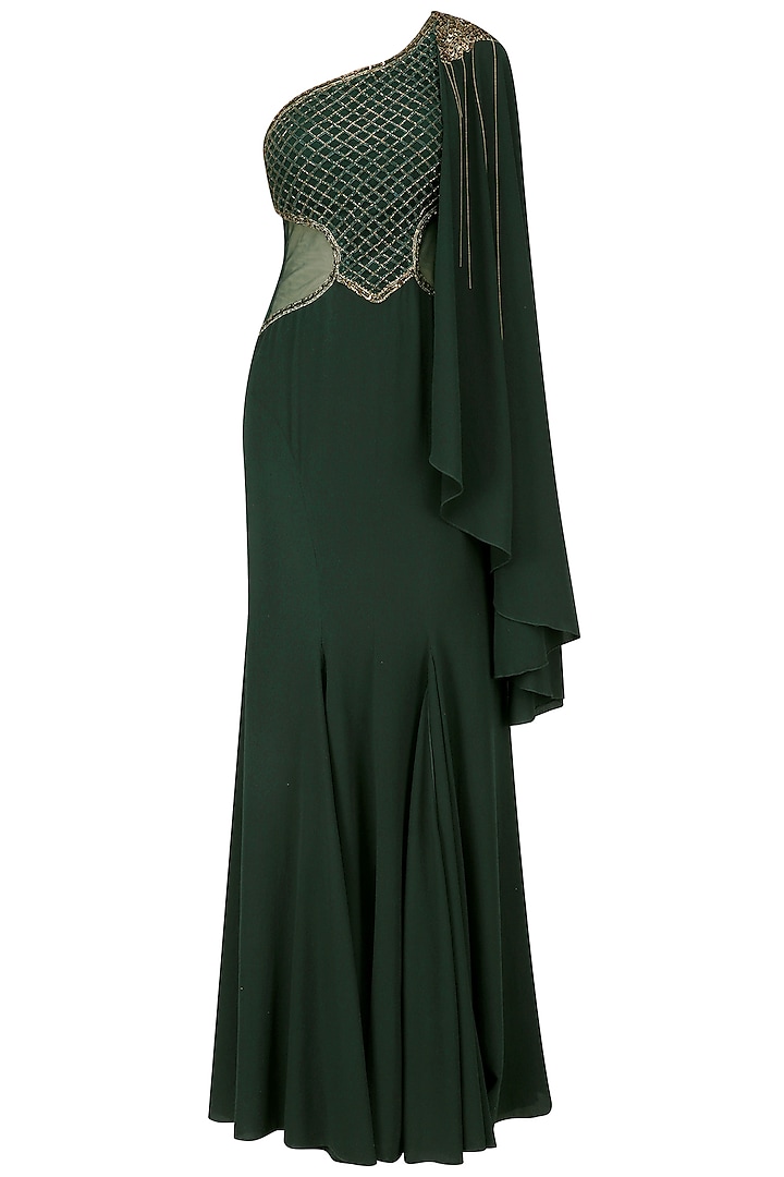 Green Jaal Embroidered One Side Cape Gown by Kamaali Couture