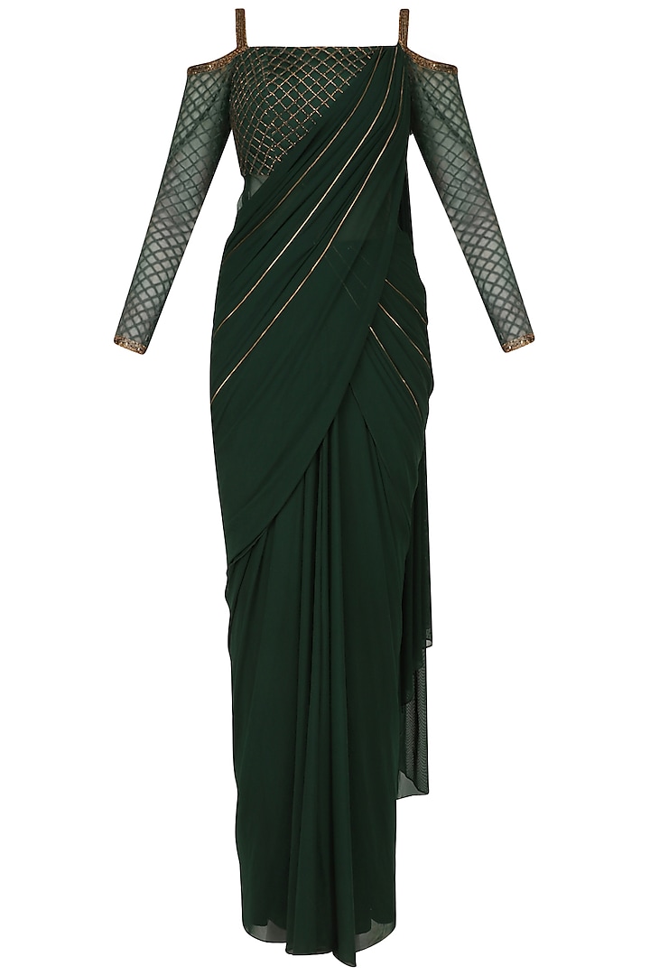 Green Cold Shoulder Drape Saree by Kamaali Couture