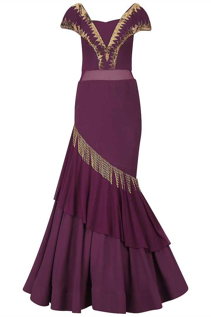 Purple Cutdana Embroidered Off Shoulder Gown by Kamaali Couture