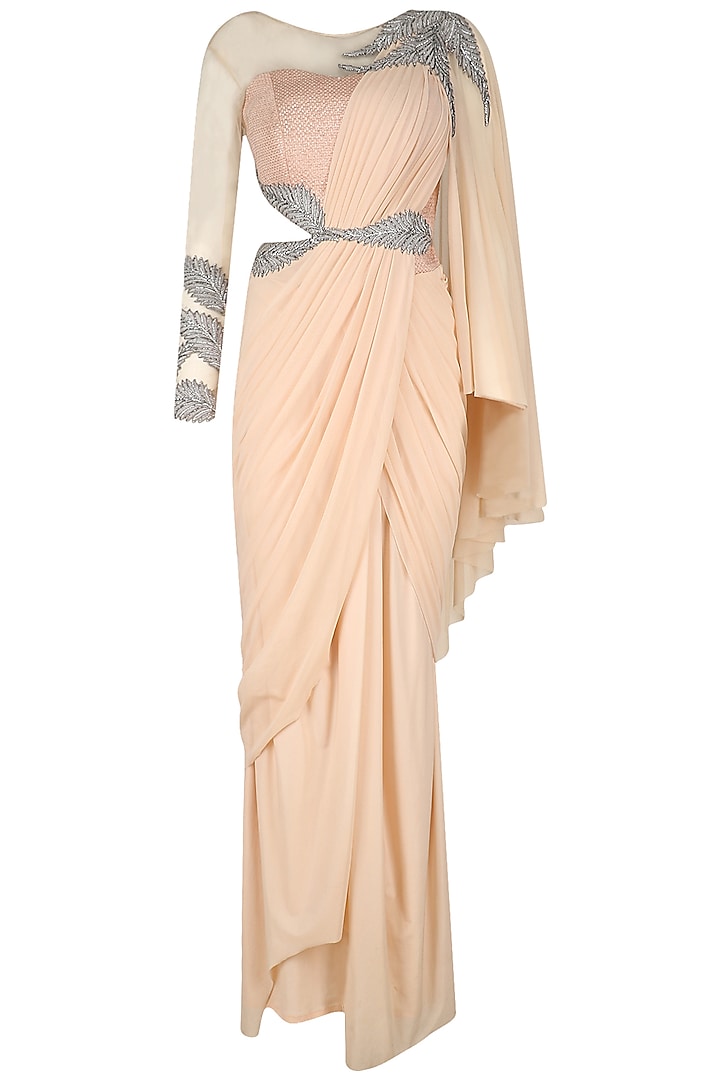 Pink and Silver Embroidered Saree Gown by Kamaali Couture