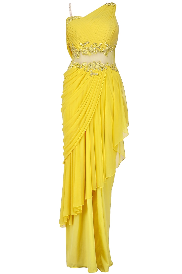 Yellow Floral Work Frill Saree by Kamaali Couture