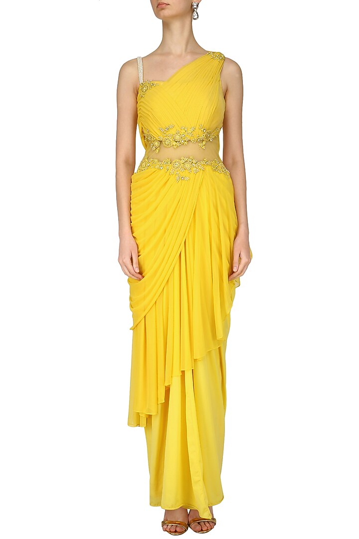 Yellow floral work frill saree available only at Pernia's Pop Up Shop.
