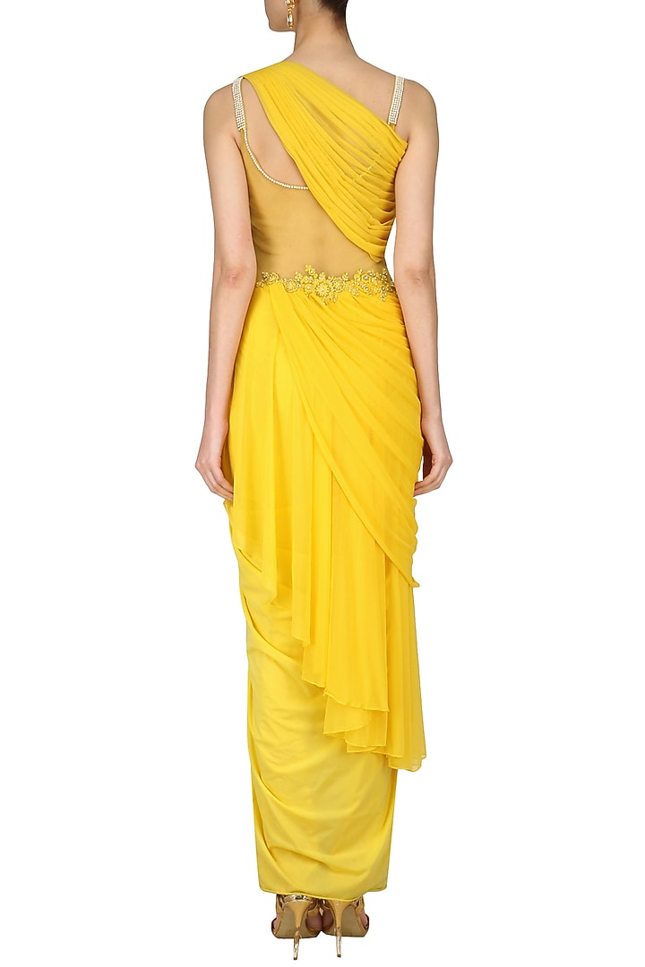 Yellow floral work frill saree available only at Pernia's Pop Up Shop.