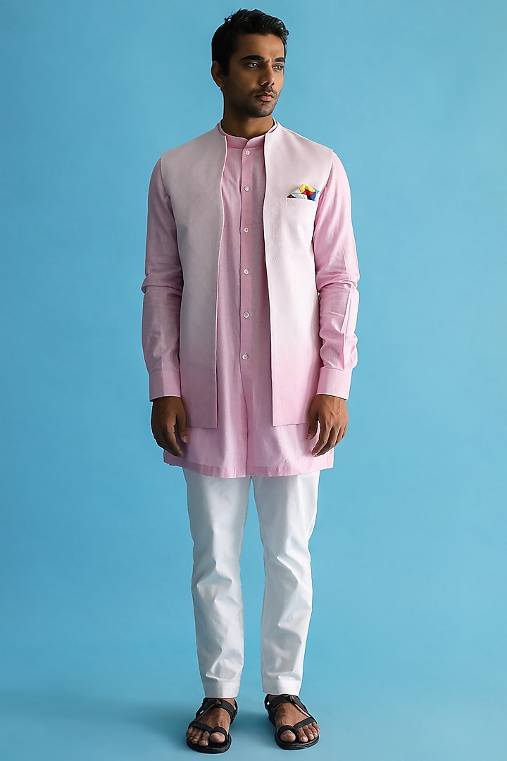 Blush Pink Ombre-Shaded Nehru Jacket With Kurta Set by Kaha