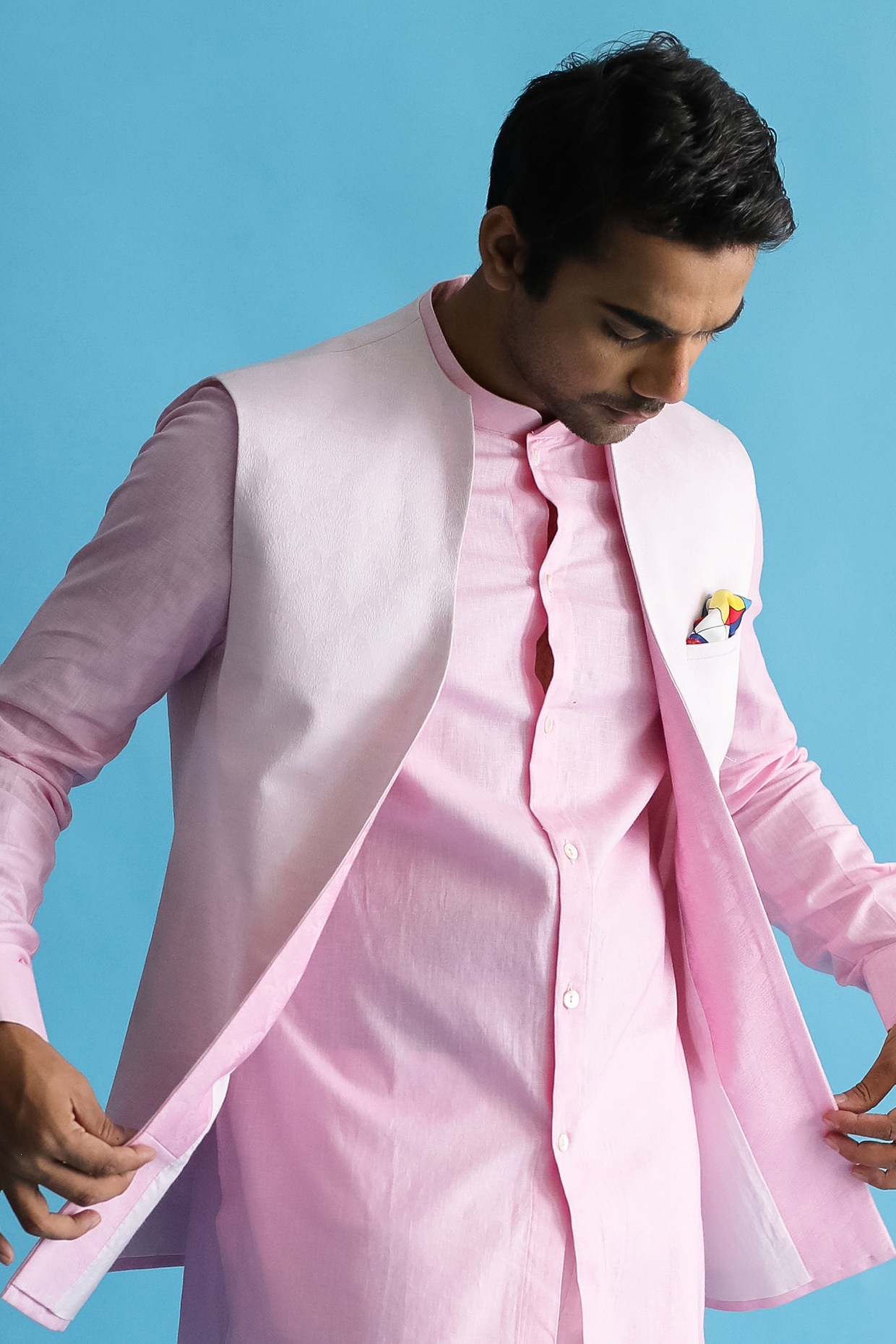 White Kurta Pyjama With Pink Embroidered Jacket